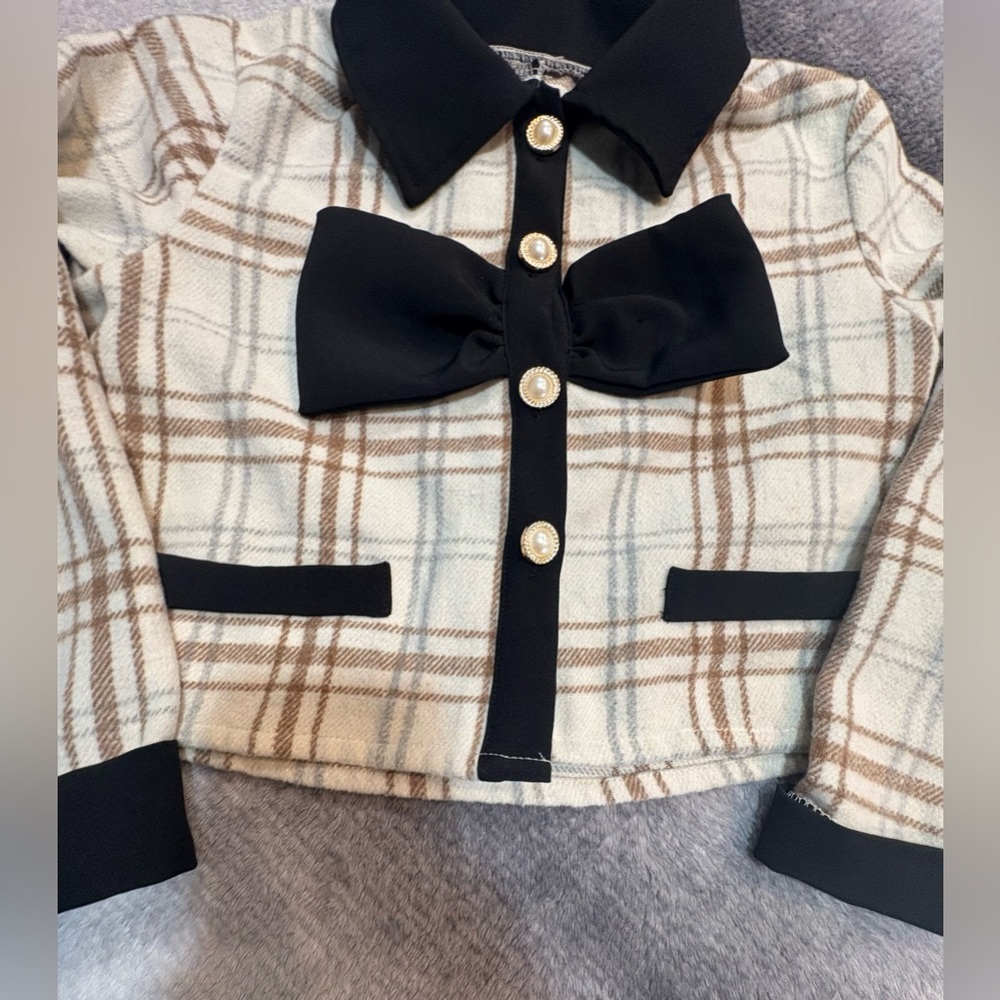 (B3)‎ SHEIN Girls Cream Black Plaid Bow Statement Jacket Top 8Y - Picture 4 of 10